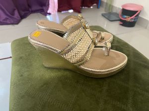 New Gold Wedge Bridal Heel Sandals With Sticker