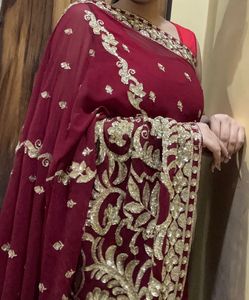 Elegant Embroidered Red Saree without blouse