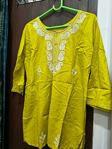 Chickenkari Work Lime Green Short Kurti XL Size