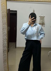 FRENCH CONNECTION Blue Stripe Crop Shirt