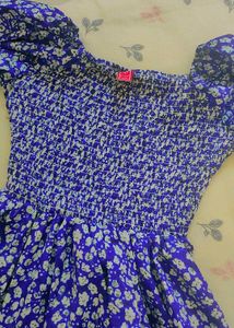 Blue Floral Print Smocked Dress