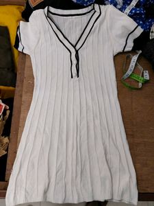 Retro White Ribbed Knit Mini Dress
