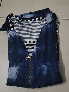 Denim Jacket Type Top With Stripped Inner