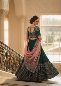 Gorgeous Green Festive Lehenga with Peach Dupatta