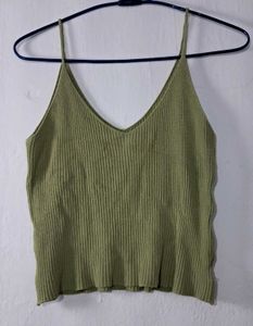 Green Ribbed V-Neck Tank Top