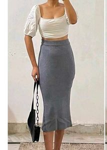 Grey Ribbed Knit Midi Skirt with slit