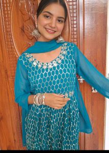 Teal Geometric Embroidered Salwar Kameez