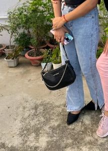 Blue Straight Leg Jeans With A Cut