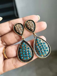 Beautiful Blue And Gold Stone Earrings
