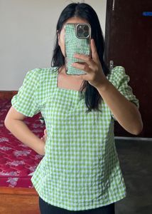 Green Gingham Square Neck Top