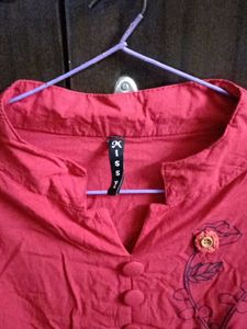 Red Peplum Mandarin Collar Top with Floral Details