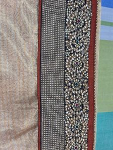 Brown Sari With Border Stone Embroidery