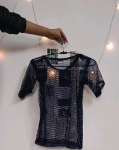 Navy blue mesh cover-up top