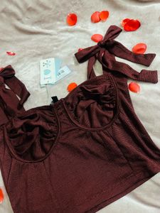 Cute burgundy tie strap crop top