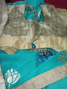 Teal &amp; Gold Sari with Blouse
