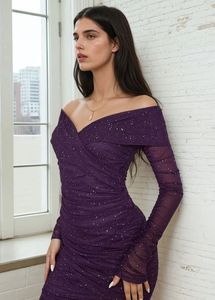 Purple Embellished Wrap Neck Dress