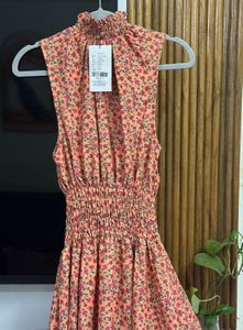 Coral Floral High Neck Smocked Dress