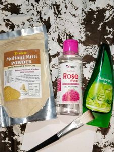 💥Multani Mitti,Rosewater,Aloevera Gel,Brush Combo