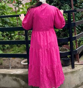 Pink Eyelet Tiered Midi Dress