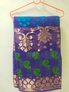 Royal blue With Cyan And Green Woven Saree