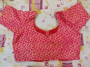 Pink And Golden Unused Brocade Blouse Tassel Sleev