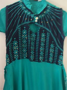 Green &amp; Navy Dress with Waist Tie