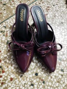 Burgundy Bow Heeled Mules
