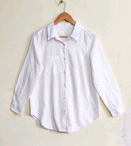 White Self Design Cotton Shirt Size-38