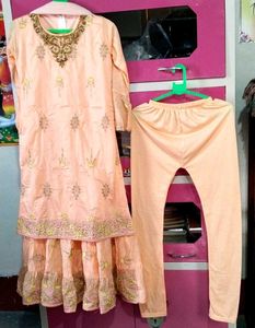 Peach Embroidered Long Frock With Suit