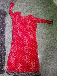 Red Printed Bandhini Kurta Set