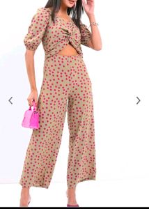 Beige Jumpsuit With Pink Polka Dots