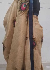 Elegant Beige Peacock Feather Saree