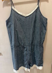 Denim Lace Trim Romper