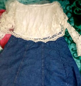 Denim Net Off Shoulder Frock For 16-20 Year Old Girl