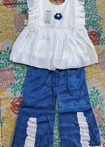 Ruffle Top &amp; Soft Denim Pant Set For Girls