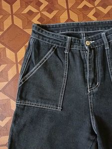 Contrast Stitch Wide Leg Cargo Jeans