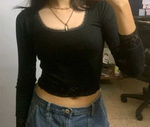 Black Lace Trim Long Sleeve Top