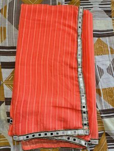 Elegant Coral Mirror Work Saree no blouse