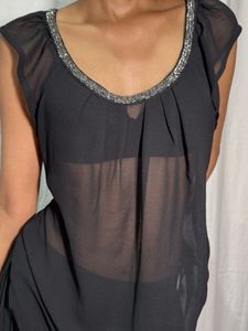 Embellished mesh black top