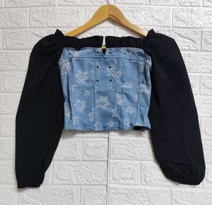 Korean Floral Denim Lace-up Corset Top