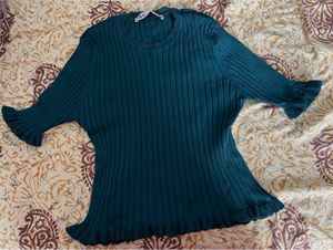 Zara Green Ribbed Ruffle Top