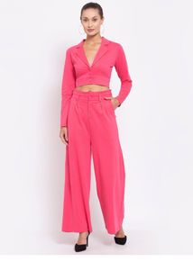 Yoonoy Women Pink Solid Coat &amp; Trouser