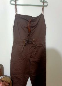 Brown Lace-Up Cotton Jumpsuit with Pockets