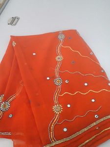 Orange Chiffon Saree With Mirror Work