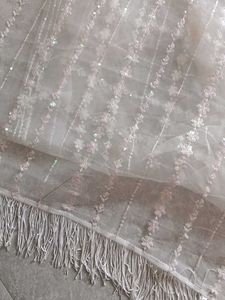 Elegant Embroidered Net Fabric with Fringe