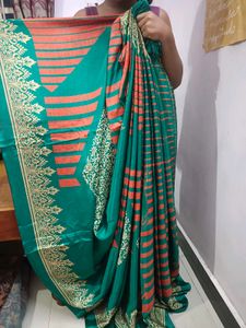 Teal &amp; Orange Patterned Saree