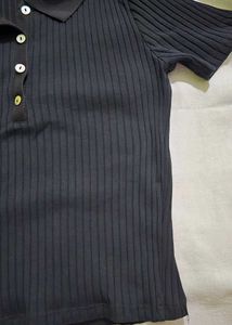 Zara Black Ribbed Polo Top