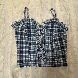 Navy Blue And Off White Checked Ruffles Crop Top