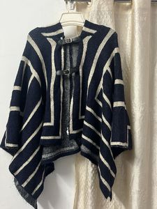 Striped Poncho with Buckle Detail