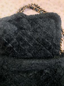 Fuzzy Navy &amp; Gold Studded Shoulder Bag